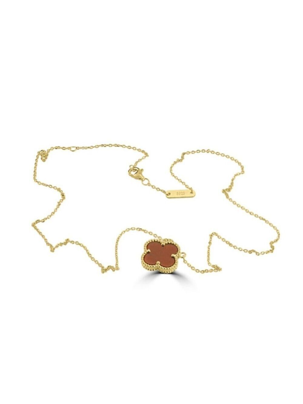 18k GP Sterling Silver Red Chalcedony Quatrefoil Clover Pendant Necklace